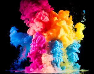 Colorful paint drops from above mixing in water. Ink swirling underwater