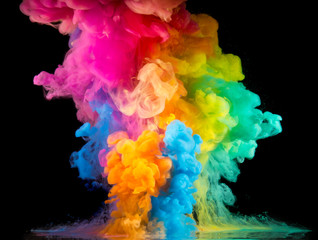 Colorful paint drops from above mixing in water. Ink swirling underwater