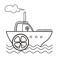 Cartoon ship with waterwheel sailing on sea line logo