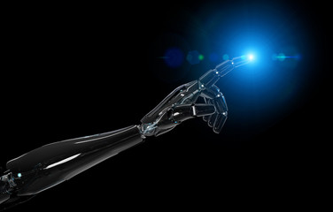Black and blue intelligent robot cyborg arm pointing finger on dark 3D rendering