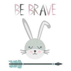 Cute sweet little rabbit smiling face art. Lettering quote Be Brave. Kids nursery scandinavian hand drawn illustration. Graphic design.