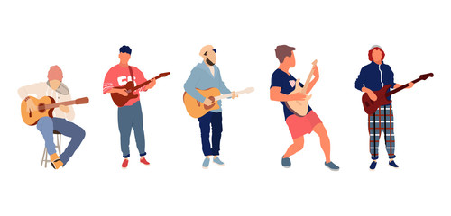 Young group of men playing guitar. Isolated flat illustration - Vector
