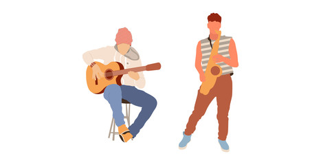 Saxophone and guitar street musicians. Vector isolated flat illustration