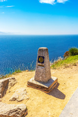 Zero kilometer marker at Cape Finisterre, Cabo Fisterra or Cabo Finisterre - the end of the Way of St. James, Camino de Santiago, Galicia, Spain