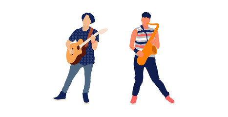 Saxophone and guitar player. Isolated flat illustration set - Vector