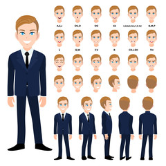 Cartoon character with business man in suit for animation. Front, side, back, 3-4 view character. Separate parts of body. Flat vector illustration.