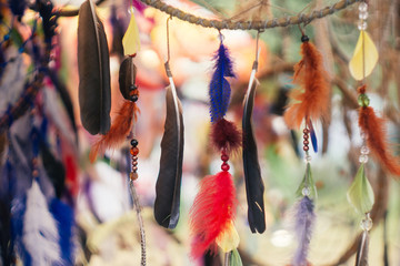 Dreamcatchers on a artisan market. Boho style, summer fest