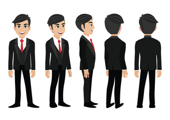 Cartoon character with business man. Front, side, back, 3-4 view animated character. Flat vector illustration.