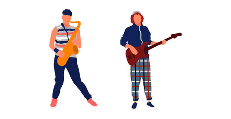 Saxophone and guitar player. Isolated flat illustration set - Vector