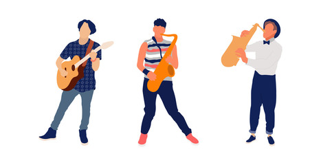 Saxophone and guitar player. Isolated flat illustration set - Vector