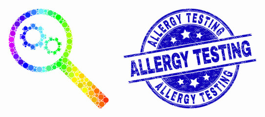 Fototapeta premium Pixelated rainbow gradiented gears audit mosaic icon and Allergy Testing stamp. Blue vector rounded scratched seal stamp with Allergy Testing message. Vector composition in flat style.