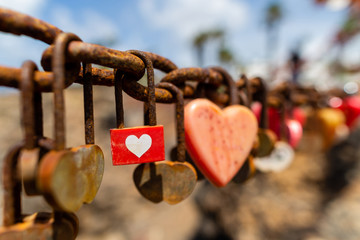 Heart locks on the wall Lanzarote.  Canary islands, Spain.