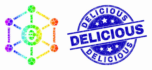 Fototapeta premium Dotted bright spectral euro network mosaic pictogram and Delicious watermark. Blue vector round grunge watermark with Delicious text. Vector combination in flat style.