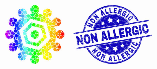 Dotted bright spectral gear mosaic pictogram and Non Allergic seal stamp. Blue vector rounded textured stamp with Non Allergic text. Vector collage in flat style.