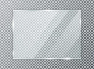 Fotobehang Glass plate on transparent background. Acrylic and glass texture with glares and light. Realistic transparent glass window in rectangle frame © Yevhenii