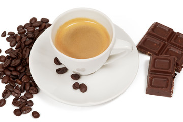 Cup of coffee and piece of chocolate and coffe beans on white background, isolated