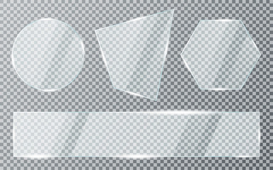 Glass plates set on transparent background. Acrylic and glass texture with glares and light. Realistic transparent glass window in rectangle, hexagon and round frame