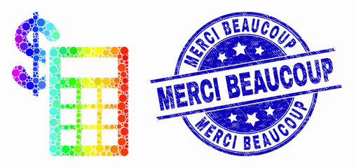 Pixel bright spectral financial calculator mosaic pictogram and Merci Beaucoup stamp. Blue vector round textured seal stamp with Merci Beaucoup caption. Vector composition in flat style.