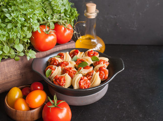Stuffed large shells pasta with meat and tomatoes in sauce. Italian cuisine. Copy space
