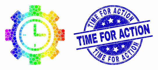 Dot bright spectral clock setup wheel mosaic pictogram and Time for Action stamp. Blue vector rounded textured stamp with Time for Action caption. Vector collage in flat style.
