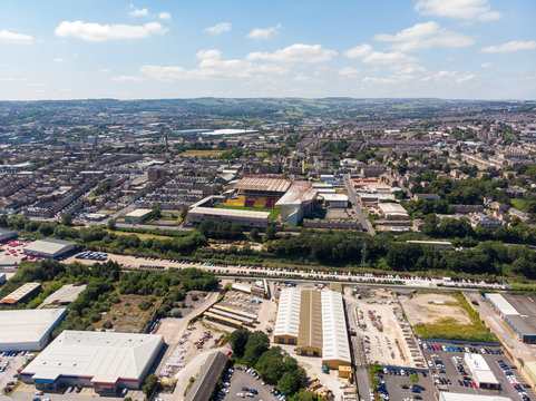 Aerial photo of the British West Yorkshire town of Bradford, showing a typical housing estate in the heart of the city, taken with a drone on a bright sunny day