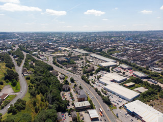 Fototapeta premium Aerial photo of the British West Yorkshire town of Bradford, showing a typical housing estate in the heart of the city, taken with a drone on a bright sunny day