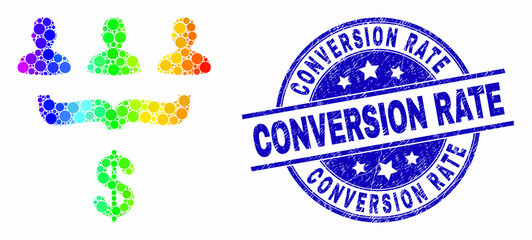 Dotted rainbow gradiented customer sales funnel mosaic pictogram and Conversion Rate seal stamp. Blue vector round distress seal stamp with Conversion Rate message. Vector composition in flat style.