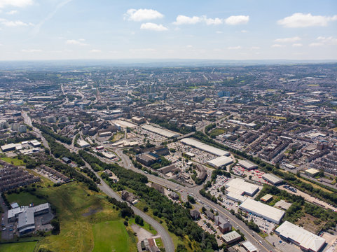 Aerial photo of the British West Yorkshire town of Bradford, showing a typical housing estate in the heart of the city, taken with a drone on a bright sunny day
