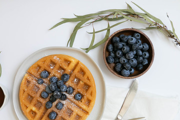 Belgian Waffle with Blueberries and Maple Syrup, Dusted with Powdered Sugar, Flay Lay on White Background, Copy Space