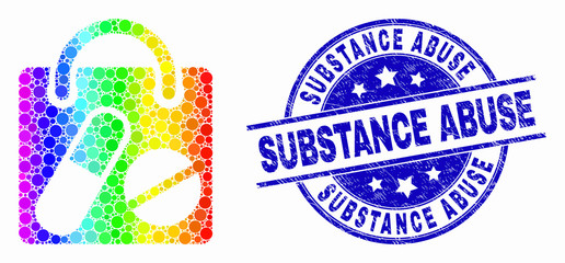 Dotted rainbow gradiented drugs shopping bag mosaic pictogram and Substance Abuse seal. Blue vector round grunge seal with Substance Abuse message. Vector composition in flat style.