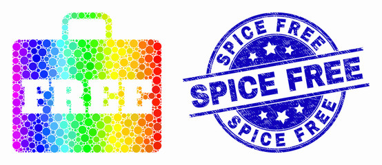 Dotted bright spectral free case mosaic icon and Spice Free seal stamp. Blue vector round textured stamp with Spice Free title. Vector combination in flat style.