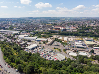 Aerial photo of the British West Yorkshire town of Bradford, showing a typical housing estate in the heart of the city, taken with a drone on a bright sunny day