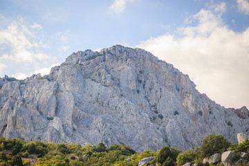 Russian mountains. Crimea. Summer mountains background. Forest and mountains in the sun on the background of a cloudy sky above the peninsula of Crimea. Sunny, bright, saturated raster photo