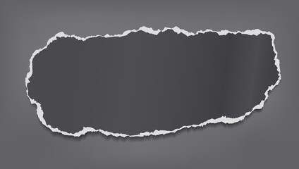 Piece of torn black paper strip with soft shadow is on dark grey background. Vector illustration
