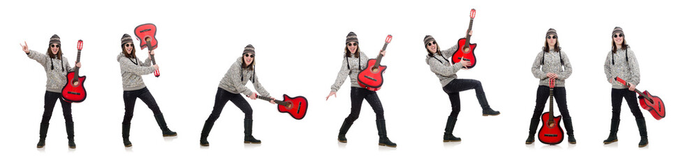 Obraz premium Young optimistic girl holding guitar isolated on white