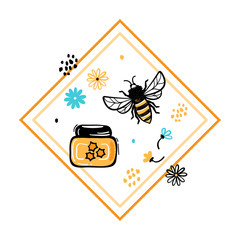 Honey Harvest Label. Hand Drawn Doodle Honey Jar, Bee and Flowers Vector Set