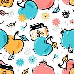 Jewish New Year Holiday. Happy Shana Tova. Rosh Hashanah Vector Seamless Pattern. Hand Drawn Doodle Fruits Repeating Background. Pomegranate Fruit, Apples, Honey Jar, Flowers and Leaves