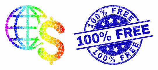 Dot spectrum global business mosaic icon and 100% Free stamp. Blue vector rounded distress seal stamp with 100% Free title. Vector composition in flat style.