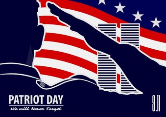 Patriot day poster template. US Army soldier saluting on american flag background. Vector illustration.