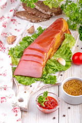  smoked meat with fresh vegetables and spices