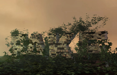 The inscription with old bricks with the letters "fake" in the wild forest. 3D rendering.