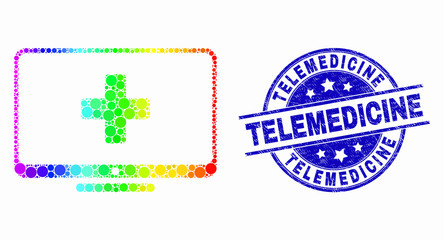 Pixel bright spectral computer medicine mosaic icon and Telemedicine stamp. Blue vector rounded grunge seal stamp with Telemedicine caption. Vector combination in flat style.