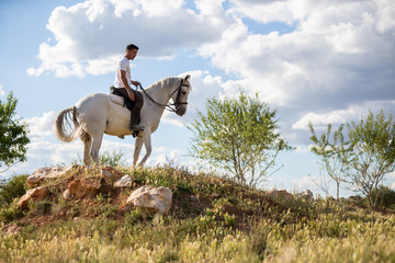 Young male in casual outfit riding white horse on grassy meadow a sunny day