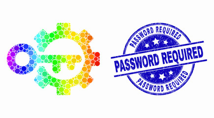 Pixel spectrum key options gear mosaic icon and Password Required seal. Blue vector round grunge seal stamp with Password Required caption. Vector collage in flat style.