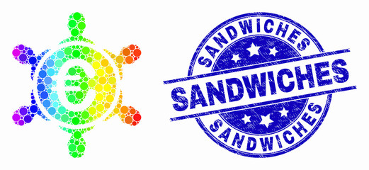 Dotted bright spectral euro people company mosaic icon and Sandwiches seal stamp. Blue vector rounded textured seal stamp with Sandwiches phrase. Vector composition in flat style.