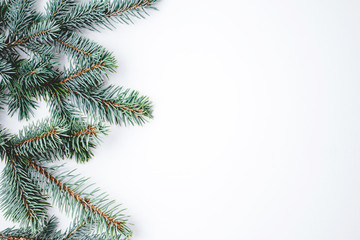 Fir branches on white wooden background. Christmas wallpaper. Flat lay, copy space.