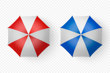 Vector 3d Realistic Render White, Red, Blue Strip Blank Umbrella Icon Set Closeup Isolated on Transparent Background. Design Template of Opened Parasols for Mock-up, Branding, Advertise etc. Top View