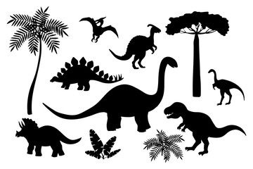 Set of black dinosaur silhouettes on white background