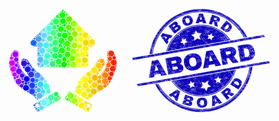 Dot bright spectral house care hands mosaic pictogram and Aboard seal stamp. Blue vector round textured seal stamp with Aboard message. Vector composition in flat style.