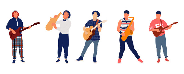Saxophone and guitar player. Isolated flat illustration set - Vector